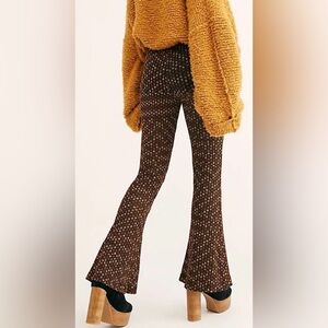 Free People Party Pull-On Flare Pants Black Metallic Floral Stretch Size Small